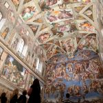 VATICAN CITY, VATICAN - JUNE 01: (EDITORIAL NEWS  USE ONLY – STRICTLY NO COMMERCIAL OR MERCHANDISING USAGE) Vistors view the Sistine Chapel frescoes at the Vatican Museums on June 01, 2020 in Vatican City, Vatican. The Vatican Museums reopened today to the public, while following the safety guidelines prescribed by Italian and Vatican health officials. They will be accessible only by reservation. (Photo by Franco Origlia/Getty Images)