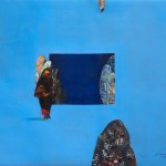 A blue painting with a dark blue rectangle inset. Several covered figures walk about at different vantage points.