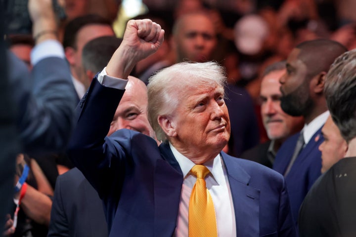 President Donald Trump takes his cageside seat at Saturday's Ultimate Fighting Championship event in Miami, Florida.