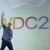 Apple CEO Tim Cook waves to attendees during an event on the Apple campus in Cupertino, Calif., Monday, June 9, 2025.