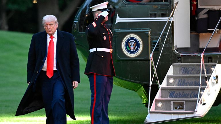 President Donald Trump arrives on the South Lawn of the White House after attending the crypto dinner.
Pic: AP/John McDonnell