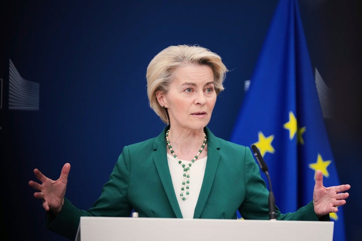 European Commission President Ursula von der Leyen addresses journalists during a media conference at EU headquarters in Brussels, Monday, April 7, 2025. (AP Photo/Virginia Mayo)