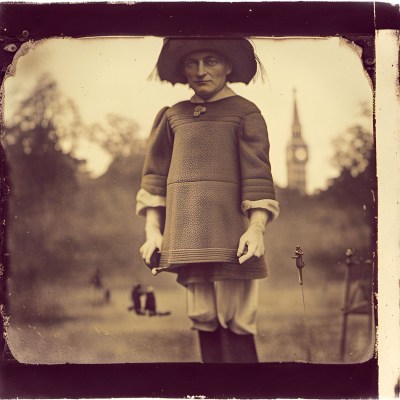 A pereson in a babydoll dress with a masculine face standing in a field in front of a clock tower. The picture is sepia toned and has bleeding edges that make it feel very vintage.