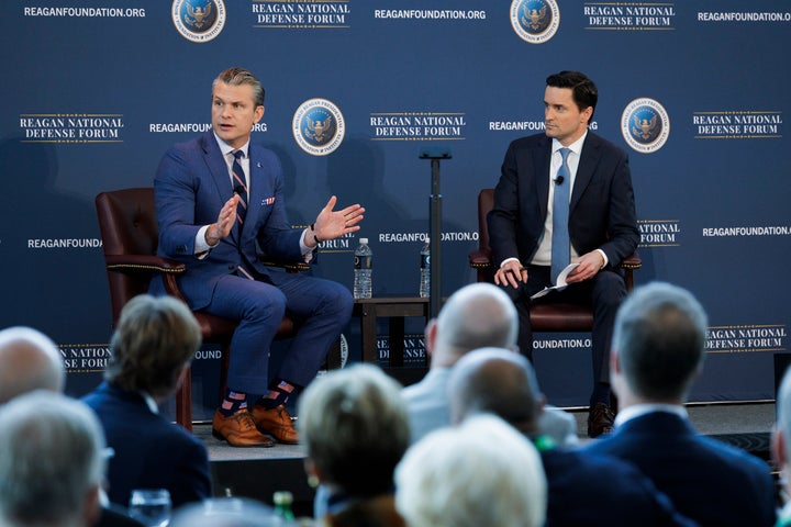 SIMI VALLEY, CALIFORNIA - DECEMBER 6: Secretary of War Pete Hegseth is interviewed by Fox News correspondent Lucas Tomlinson at the Reagan National Defense Forum on December 6, 2025 at the Ronald Reagan Presidential Library in Simi Valley, California. Hegseth spoke about creating "peace through strength," and emphasized the need to have a prepared military that would deter aggression from adversaries. (Photo by Caylo Seals/Getty Images)