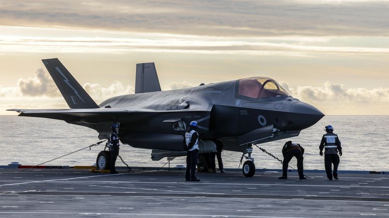 A F35 fighter is prepared for take off on the deck of HMS Prince of Wales Picture date: Thursday April 24, 2025. Pic: PA