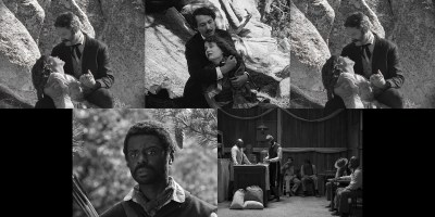A five-channel video installation showing three black and white images of a white man holding a white woman above an image of a Black man and another of people gathered in a bar.