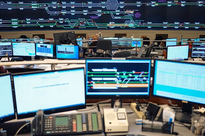 Live screens monitor train lines at the Rail Control Center