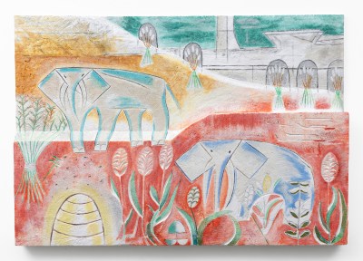 A painting on styrofoam featuring gemoetric elephants and tall reedy plants