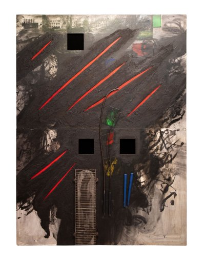 A semi abstract painting that is mostly a canvas smeared with black paint. There are several red slashes across it. To it there are affixed found objects and images, a number of which have been painted over.