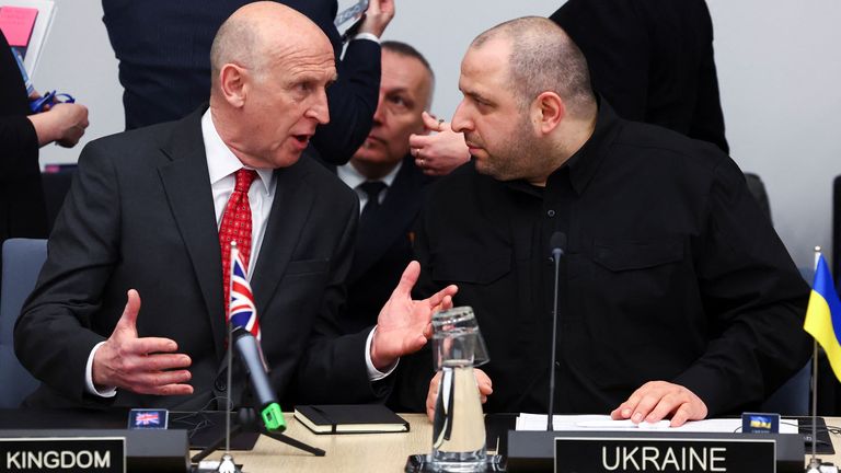 Defence Secretary John Healey and Ukrainian Defence Minister Rustem Umerov at the Ukraine Defence Contact Group meeting. Pic: Reuters