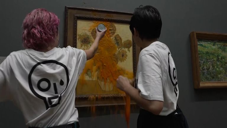 JSO activists throw orange paint at van Gogh's sunflowers