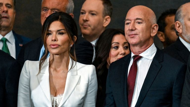 From left, Mark Zuckerberg, Lauren Sanchez, Jeff Bezos and Sundar Pichai arrive before the inauguration of Donald Trump as the 47th president of the United States takes place inside the Capitol Rotunda of the U.S. Capitol building in Washington, D.C., Monday, January 20, 2025. It is the 60th U.S. presidential inauguration and the second non-consecutive inauguration of Trump as U.S. president. Kenny Holston/Pool via REUTERS
