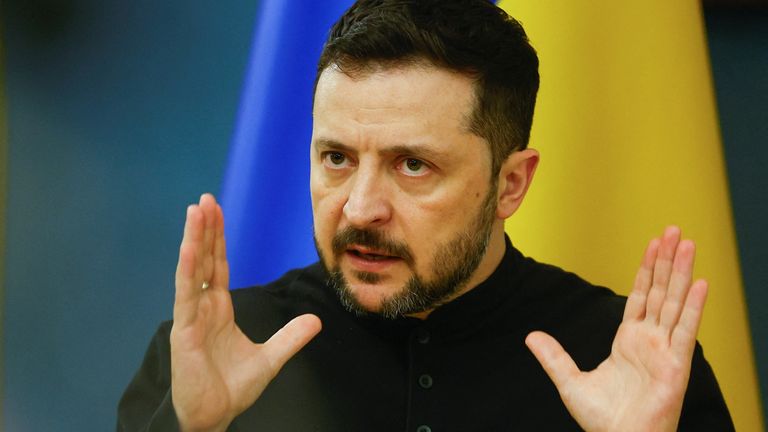 Mr Zelenskyy speaks to reporters after news of the limited ceasefire broke.
Pic: Reuters/Valentyn Ogirenko