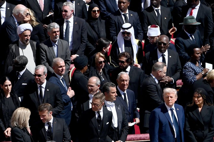 (1st ROW-L to R) French President's wife Brigitte Macron, France's President Emmanuel Macron, Finland's President Alexander Stubb, US President Donald Trump and US First Lady Melania Trump and US former President Joe Biden (TOP-L) and his wife US former First Lady Jill Biden attend late Pope Francis' funeral ceremony at St Peter's Square in The Vatican on April 26, 2025. (Photo by Isabella BONOTTO / AFP) (Photo by ISABELLA BONOTTO/AFP via Getty Images)