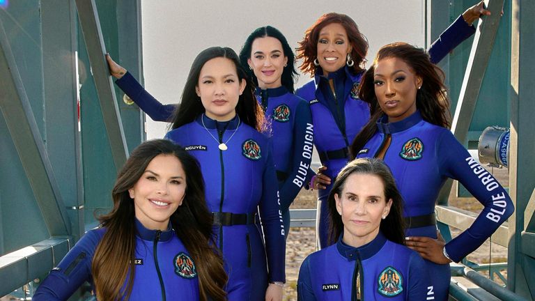 This image provided by Blue Origin shows, first row, seated, from left: Lauren Sanchez and Kerianne Flynn and standing in back from left: Amanda Nguyen, Katy Perry, Gayle King and Aisha Bowe in West Texas. (Blue Origin via AP)