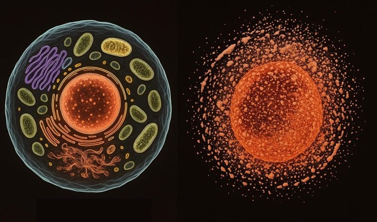 Illustration of a Healthy Cell (Left) Alongside a Cell With Necrosis (Right)