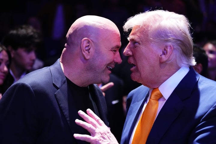 President Trump chats with UFC President and CEO Dana White at April 12th UFC 314 fight in Miami, Florida.