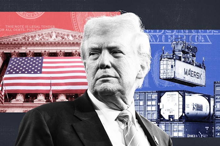 Donald Trump, the New York Stock Exchange and a shipping container being lifted by a crane