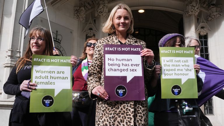 Campaigners celebrate outside the Supreme Court in London after terms "woman" and "sex" in the Equality Act refer to a biological woman and biological sex, the Supreme Court has ruled. Picture date: Wednesday April 16, 2025.