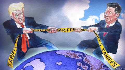 James Ferguson illustration of Donald Trump and Xi Jinping standing on the globe as they engage in a tug of war  using a yellow ribbon with the word tariffs repeated across it