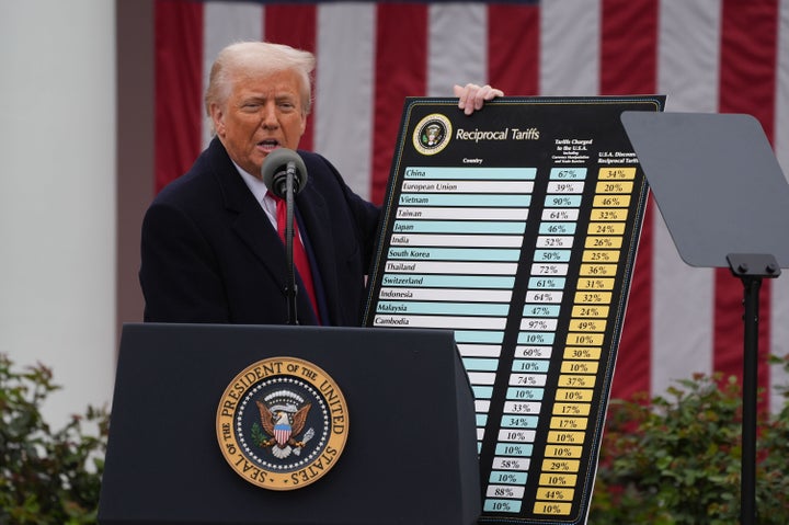 President Donald Trump holds a chart as he announces a plan for tariffs on imported goods during an event Wednesday, April 2, 2025.