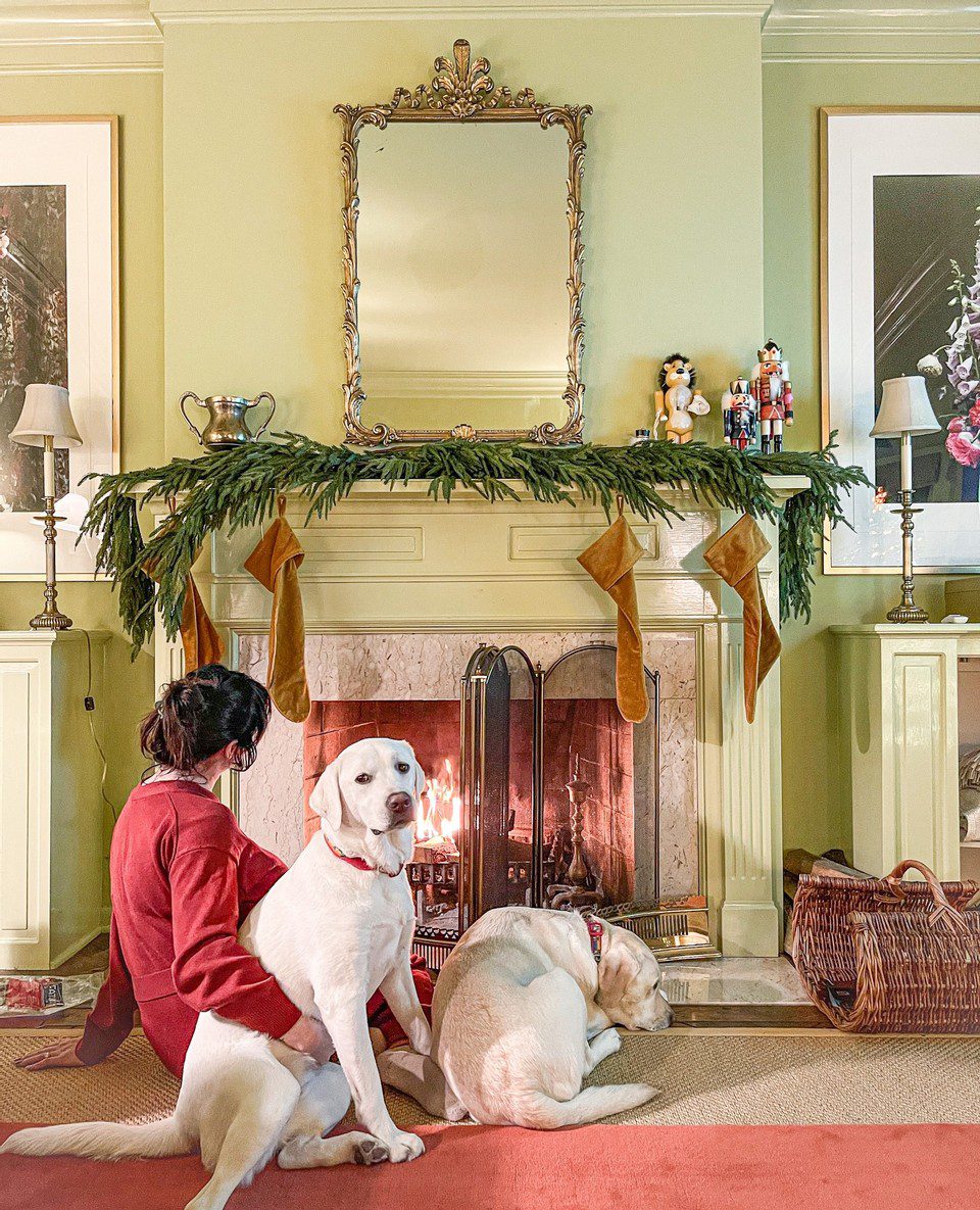 Holiday Planning Tasks to Do Right Now
A woman sits in front of a roaring fire in a green-painted living room with two dogs. The mantel is decorated with garland and velvet stockings.