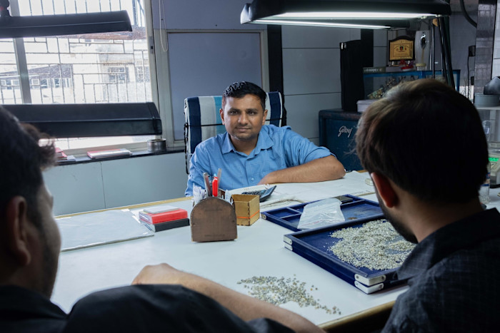 Kalpesh Manguya, 40, owner of Kushal Gems at his diamond processing and polishing workshop in Surat, Gujarat