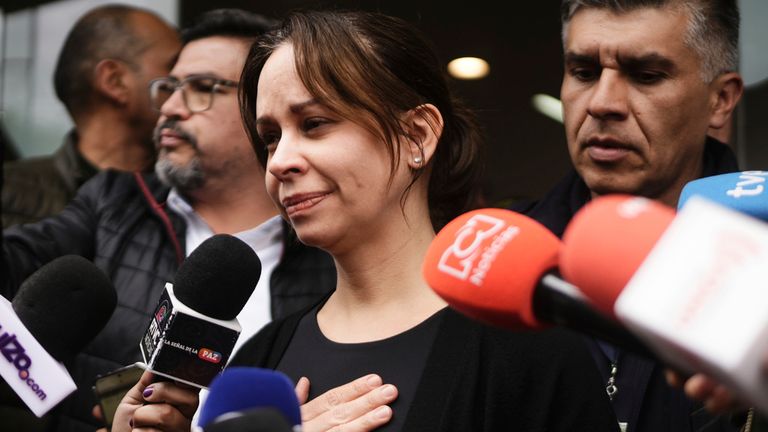 Maria Claudia Tarazona, the wife of  Miguel Uribe Turbay  talks to the press outside the clinic where he is being treated, in Bogota,