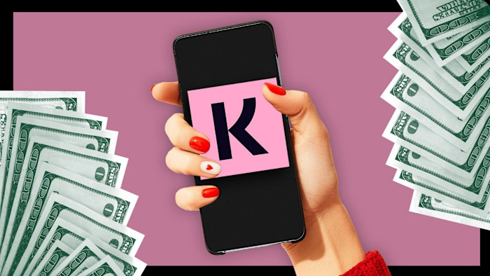 Photo collage showing Klarna logo on phone and US dollar notes