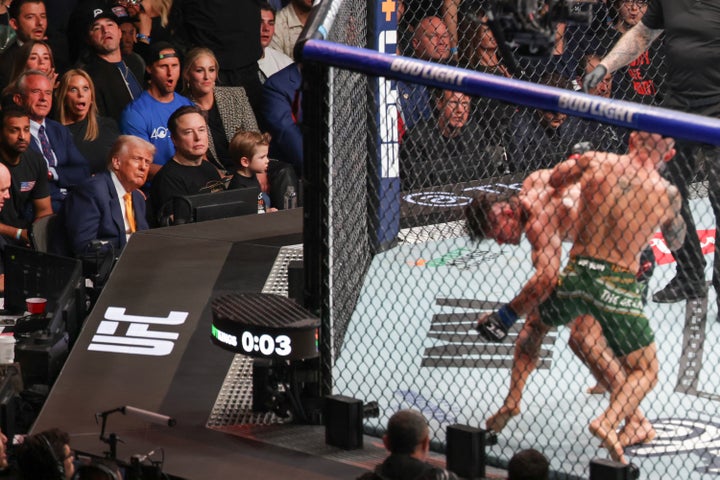 President Trump sat with Elon Musk (right,) FBI Director Kash Patel and Department of Health Secretary, Robert F. Kennedy, Jr., (L-R behind him) during the bout between Australian fighter Alexander Volkanovski and Brazilian bruiser Diego Lopes.