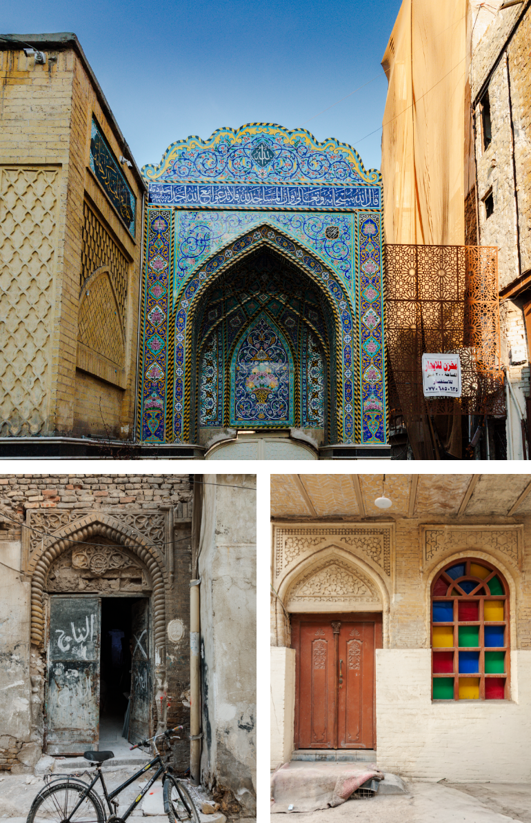 Three photos show building details with arched doorways and tile and brickwork. A bicycle is seen in the foreground of the lower left building, which shows graffiti on the door and signs of decay. Colorful windows are in the lower right.
