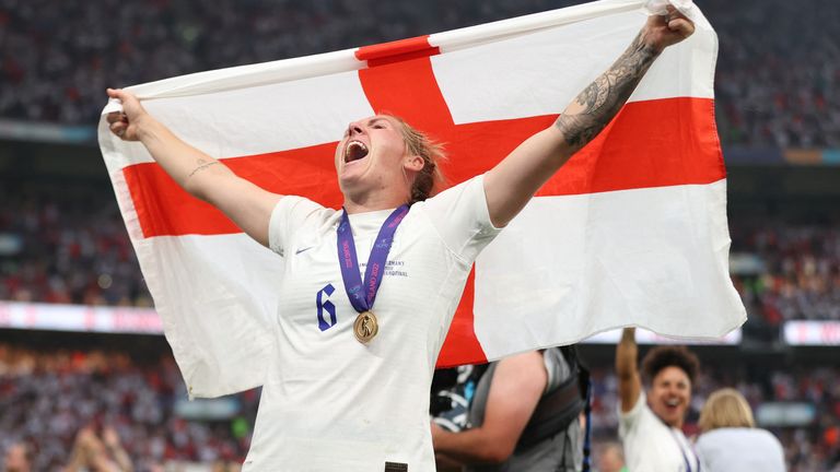 Lioness Millie Bright celebrates England's win at the Women's Euros 2022, the coverage of which was produced by Whisper. File pic: Reuters