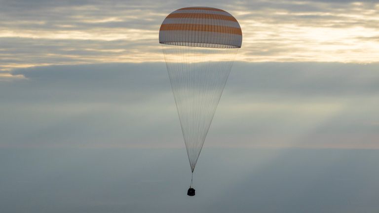 The Soyuz MS-26 spacecraft returning to Earth. Pic: AP