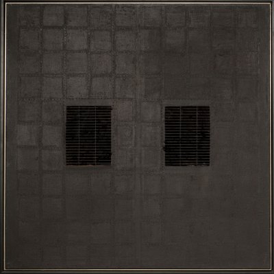 A black painting with two metal grates in the center.