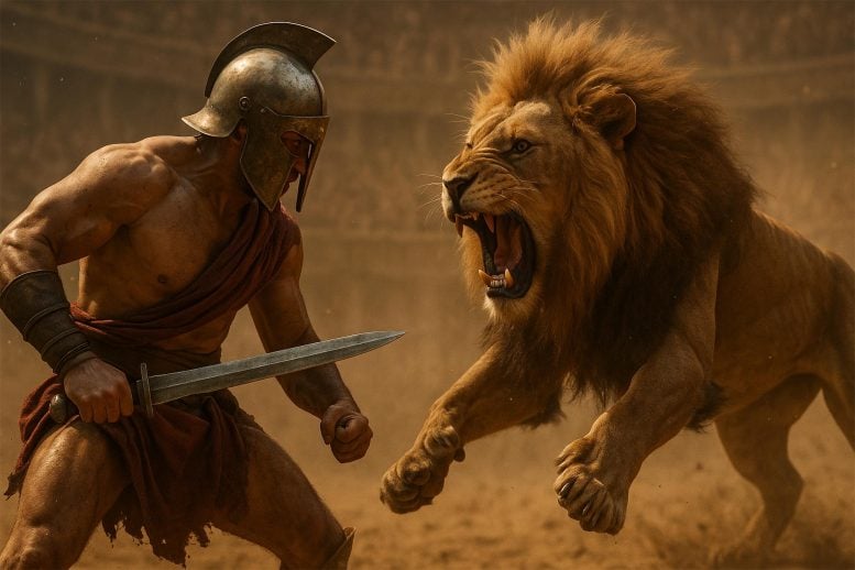Roman Gladiator Fighting Lion Concept