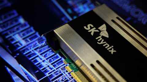 A close-up view of an SK Hynix product featuring its logo