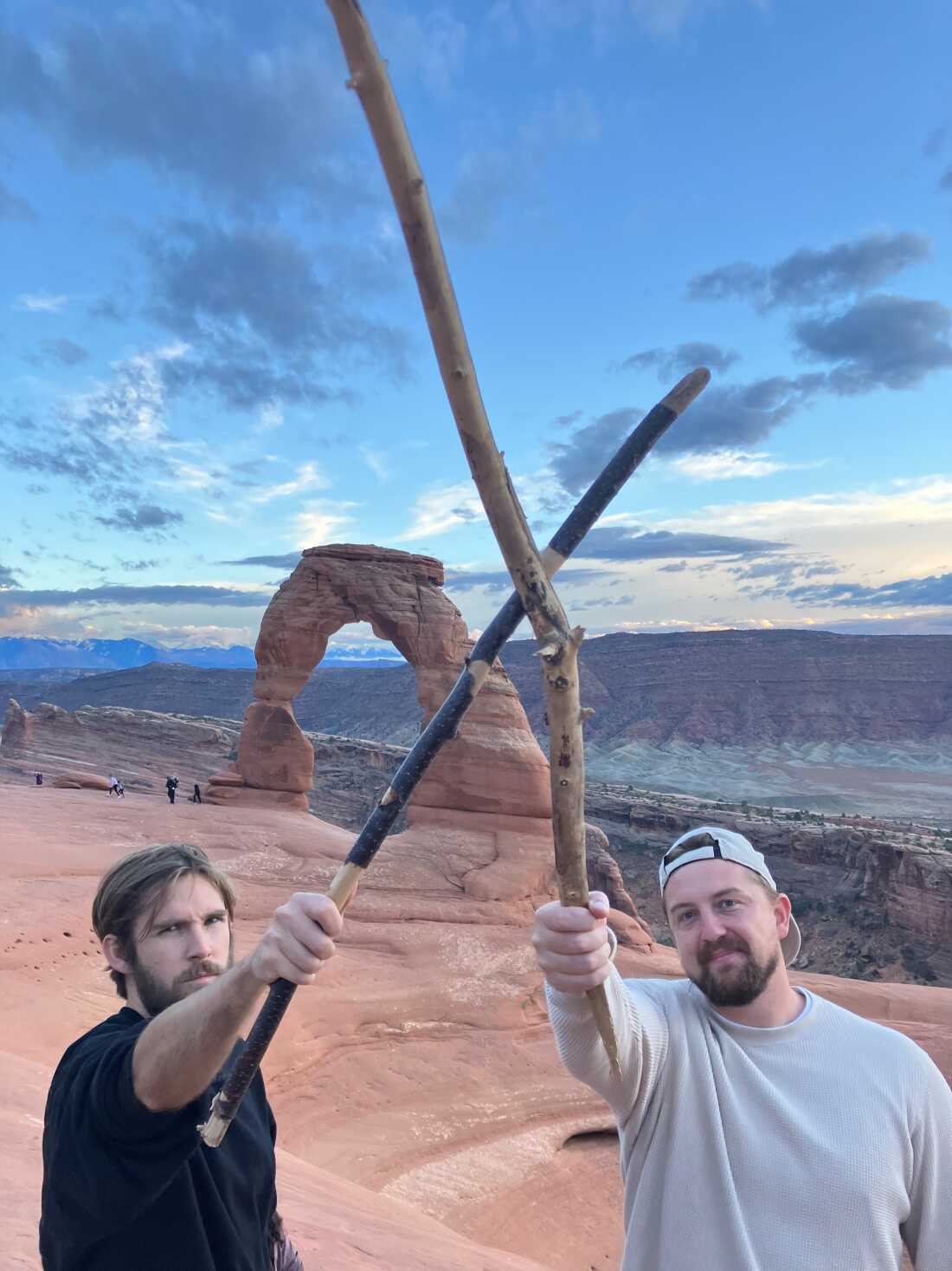 Boone Hogg (left) and Logan Jugler, who run the account @officialstickreviews, show off their sticks.