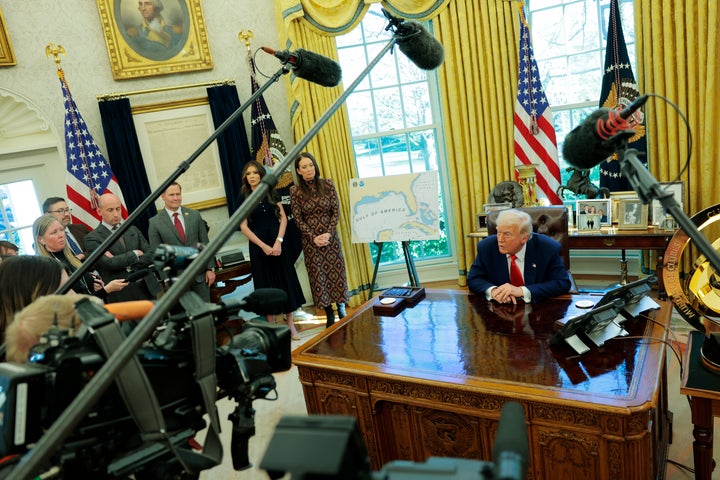 President Donald Trump speaks to reporters in the Oval Office earlier this month.