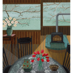 A painting of a living room and hearth with red tulips in the foreground.