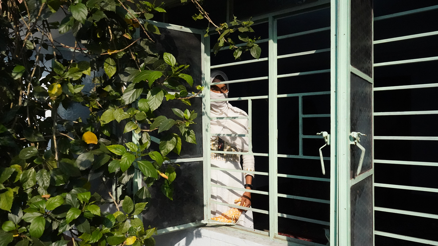 A woman is seen through the slats of a window with greenery framing the window.