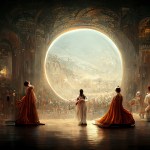 Three figures in robes are seen in front of a large circular opening in a baroque illustrated image.