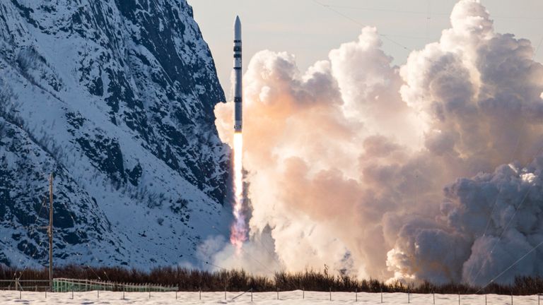 In this photo provided by Isar Aerospace, Photo Wingmen Media, Isar Aerospace test rocket "Spectrum" lifts off for a test flight at Andoya Spaceport in Nordmela, on And..ya island, Norway, Sunday, March 30, 2025. (Isar Aerospace, Photo Wingmen Media via AP)