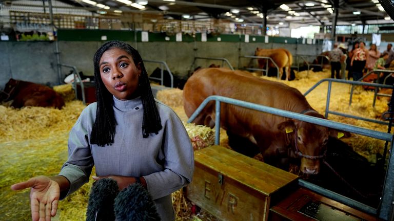 Conservative Party leader Kemi Badenoch talking to members of the media during a visit to the The Royal Welsh Show.
Pic: PA