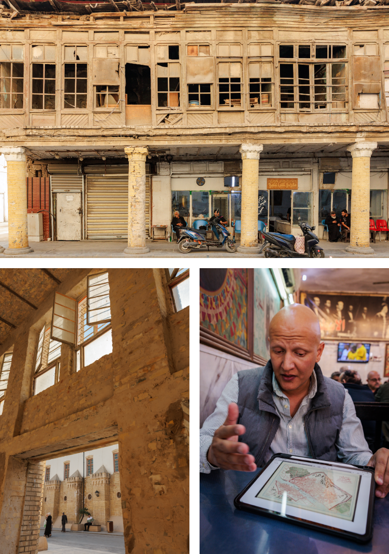 A grid of three photos. Top: Men gathered under the columns of a a building. The stories above them have a crumbling facade and broken windows. Bottom: People seen through the doorway of an older brick building with open updated window. Bottom right: A man gestures as he holds a framed map.
