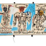 A painting of three scrawled figures on a canvas.