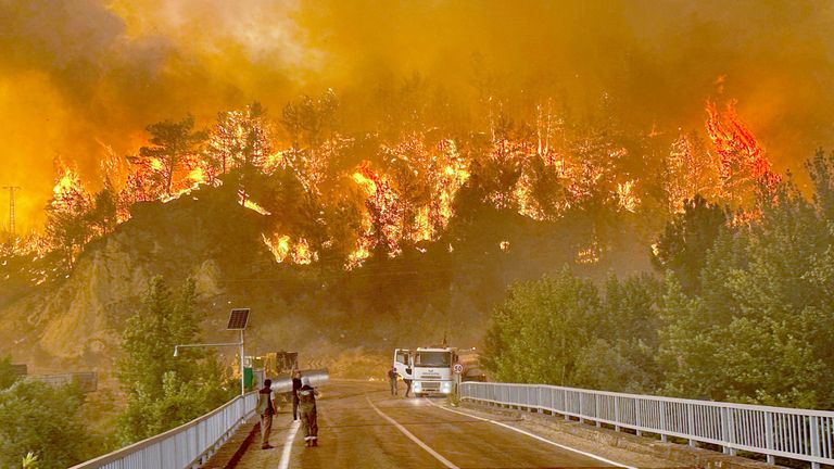 A wildfire rages across a forested area in northwest Turkey on Wednesday. Pic: IHA/AP