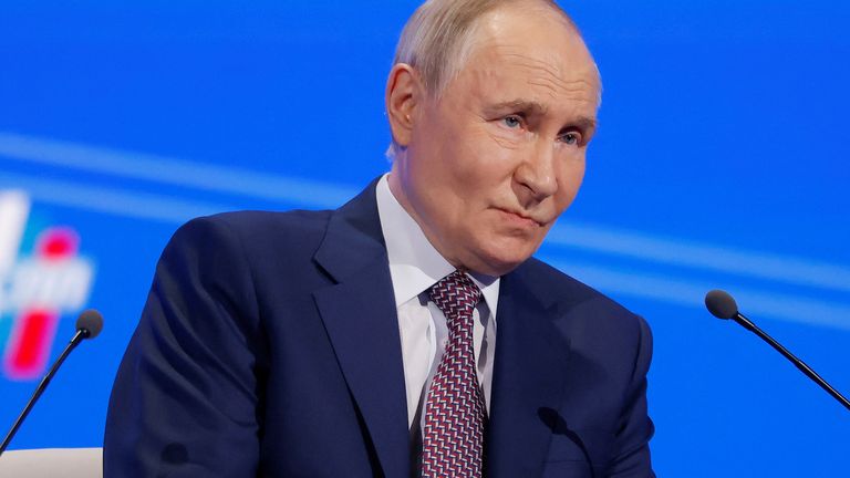 Vladimir Putin speaks during the Congress of the Russian Union of Industrialists and Entrepreneurs in Moscow.
Pic: Reuters