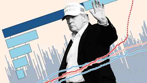 Montage of Donald Trump waving with a bar graph in the background