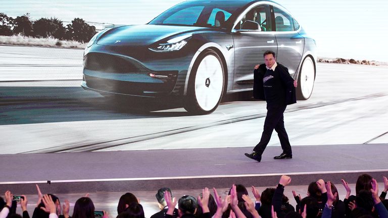 Elon Musk on stage during a Tesla event in Shanghai, China. Pic: Reuters