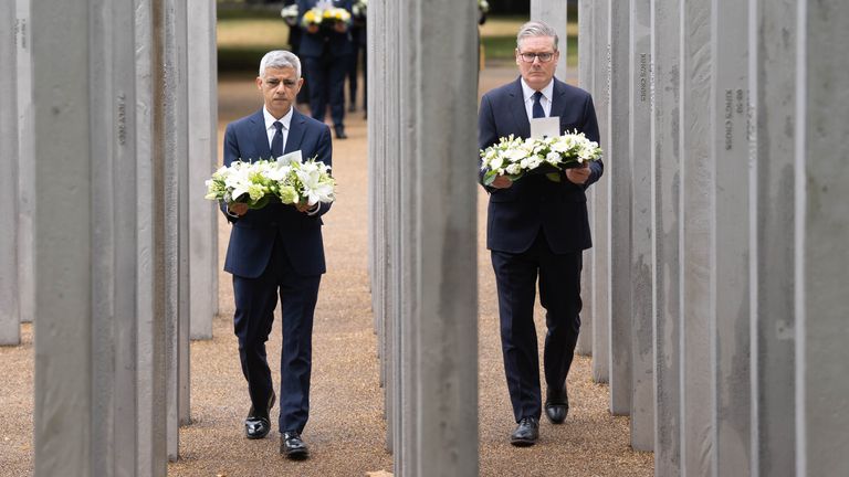 Prime minister, Sir Keir Starmer (right) and Mayor of London Sir Sadiq Khan lays a wreath at the 7/7 Memorial, in Hyde Park, London, to mark